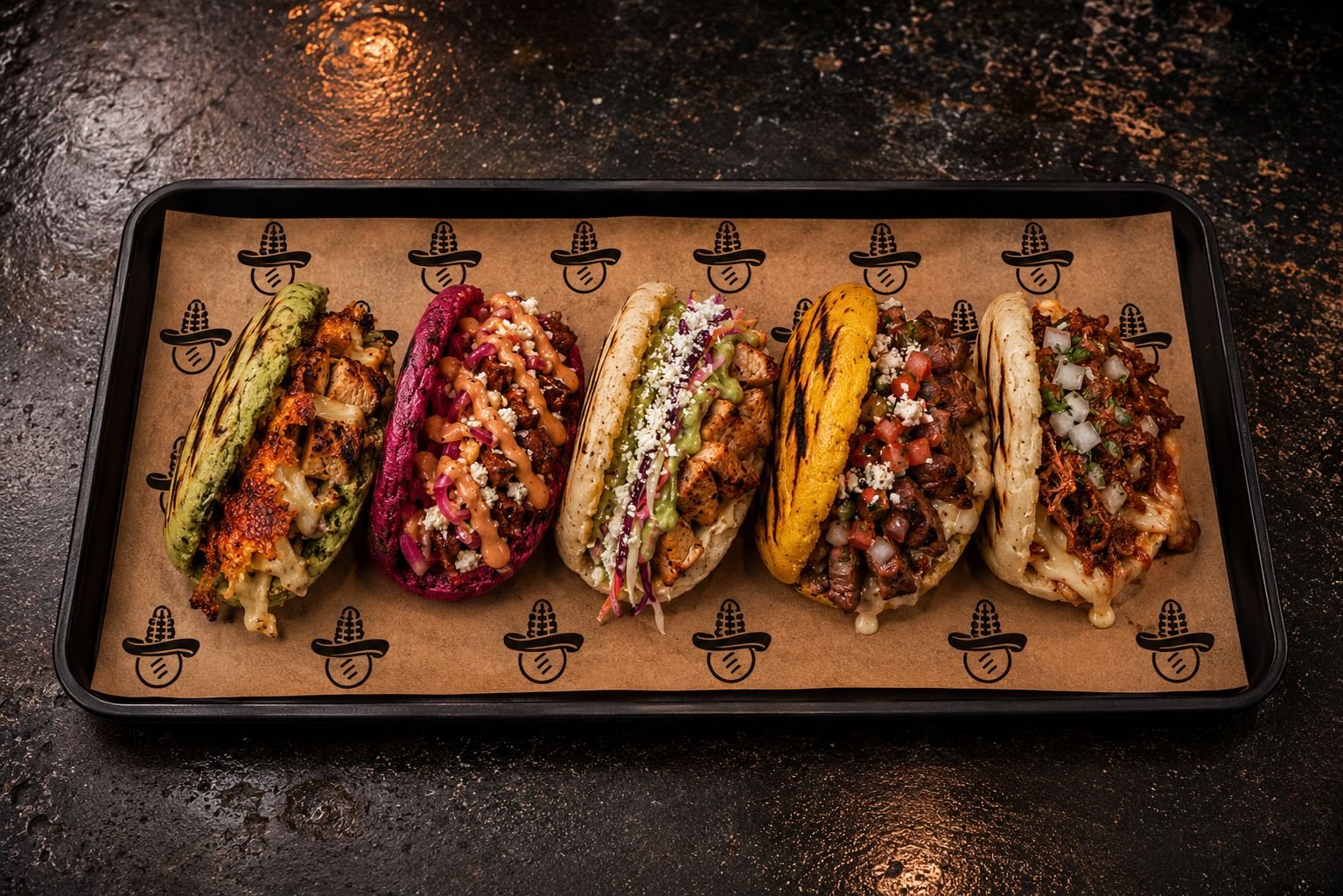 Bandeja de arepas: spinach, white corn, crispy, beetroot, yellow corn